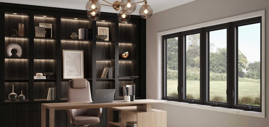 Home office with a row of black-framed casement windows overlooking a lawn